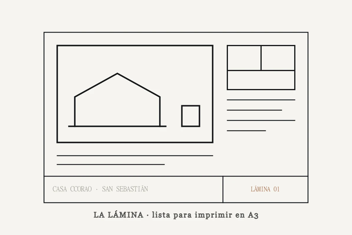 Lámina de presentación en A3 con el render, la planta y el cajetín del proyecto