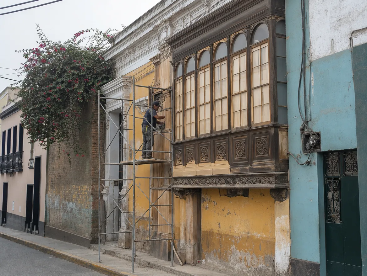 Casona republicana de Barranco en restauración, con andamio y balcón limeño de madera tallada