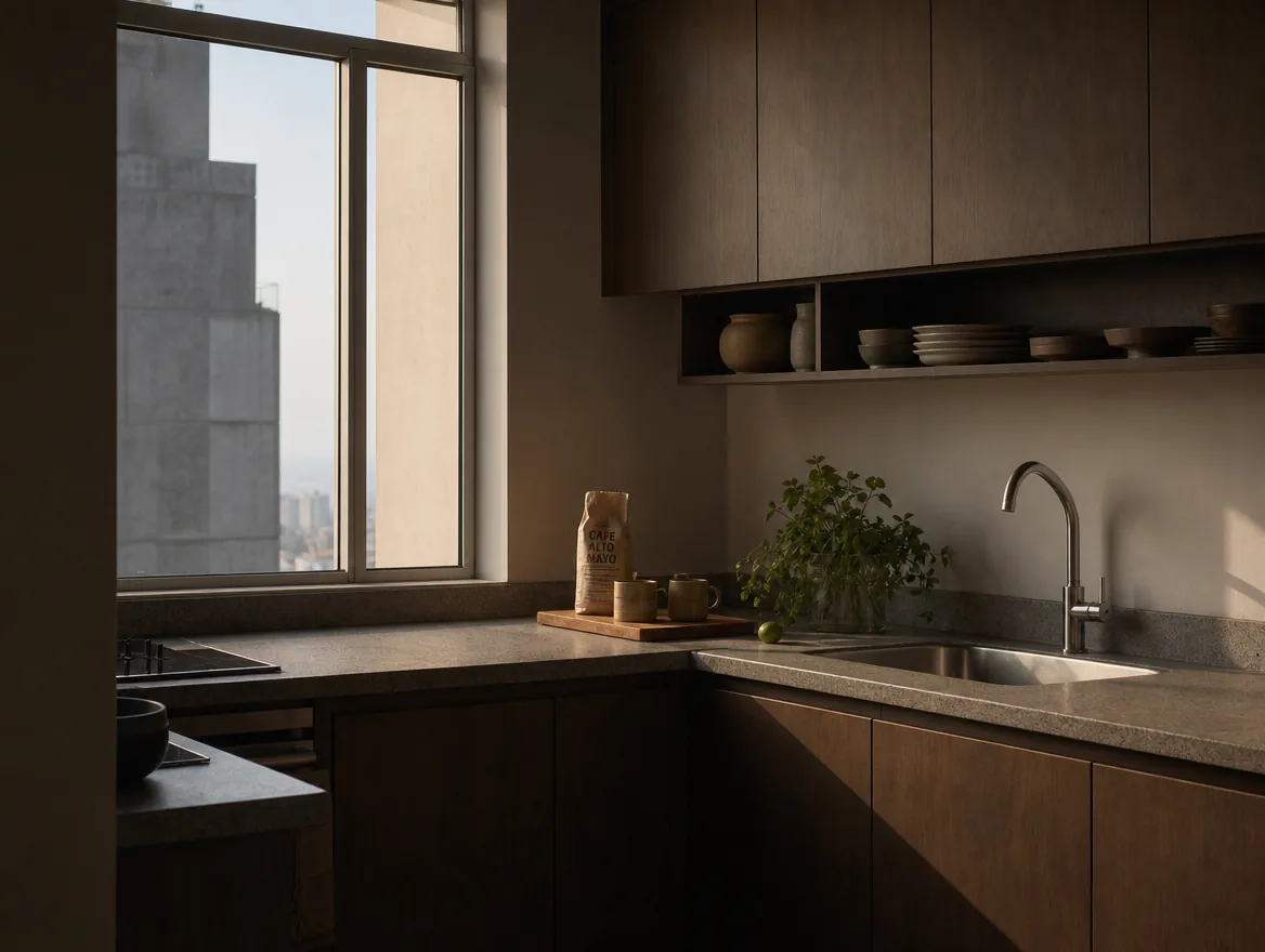 Cocina terminada con muebles de madera oscura y encimera de granito, con la luz gris de Lima entrando por el ventanal