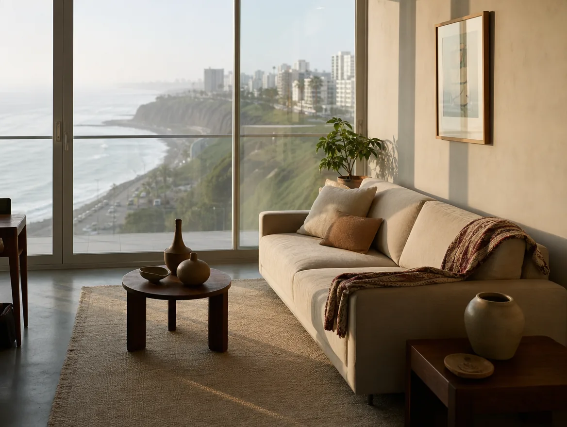 Sala de un departamento terminado en Miraflores con ventanal al Pacífico y al acantilado de la Costa Verde