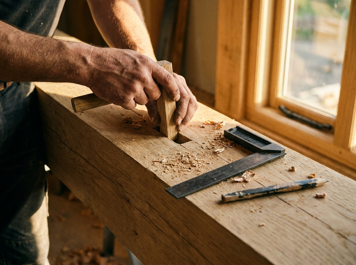 Manos cepillando a mano una viga de madera sobre el banco del taller, con virutas y una escuadra al lado