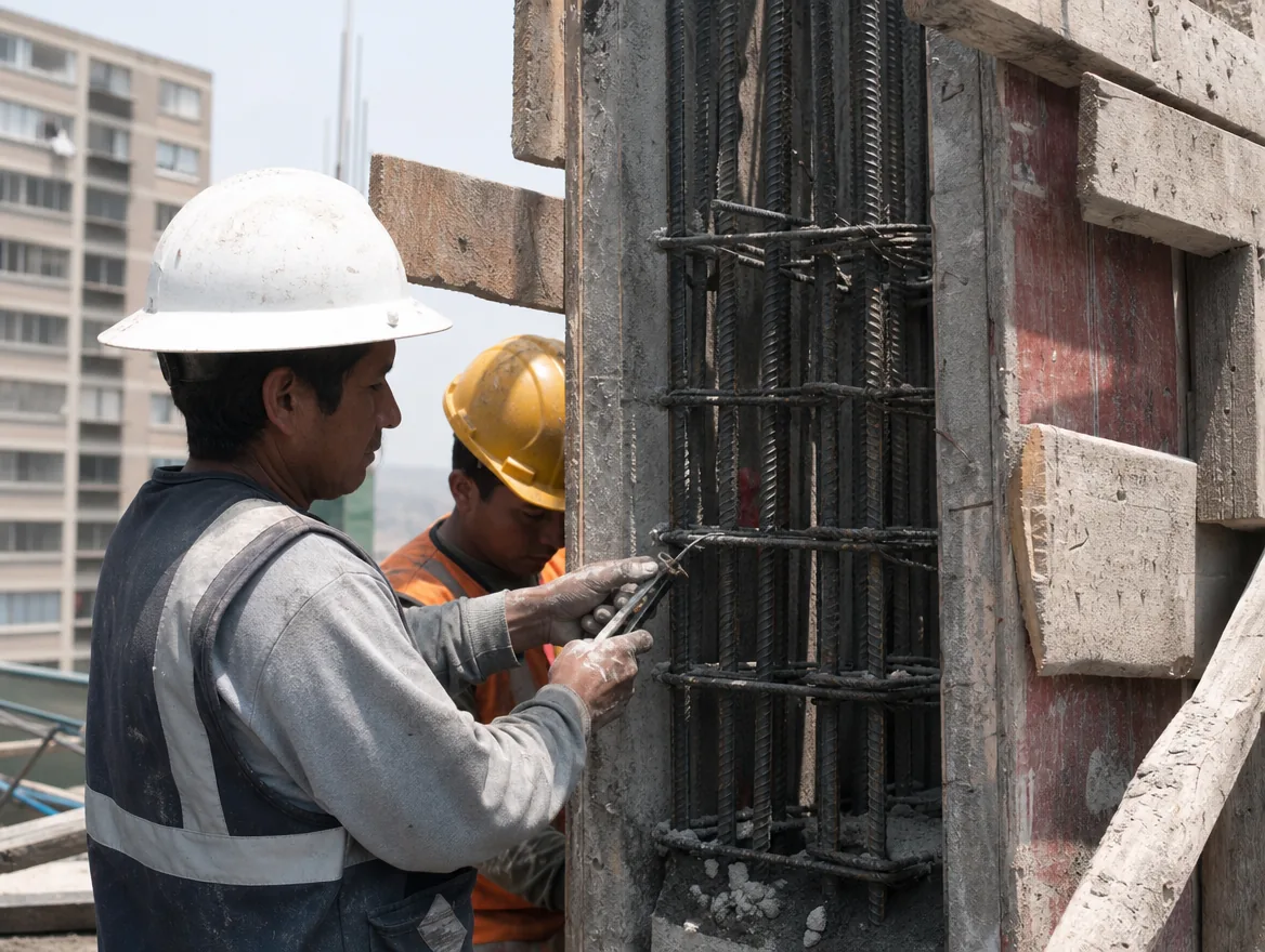 Dos obreros peruanos amarrando la armadura de acero de una columna dentro del encofrado, en una obra de Lima