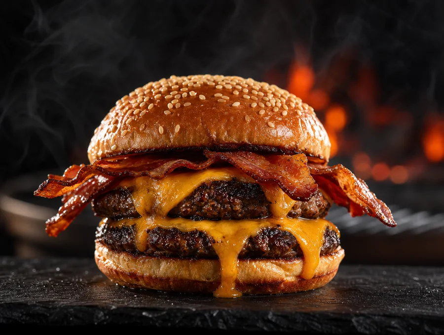 Hamburguesa doble con queso cheddar fundido y tocino sobre pan con sésamo