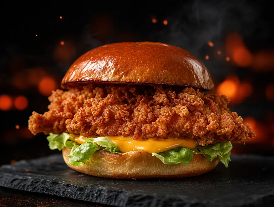 Hamburguesa de pollo apanado crocante con queso y lechuga
