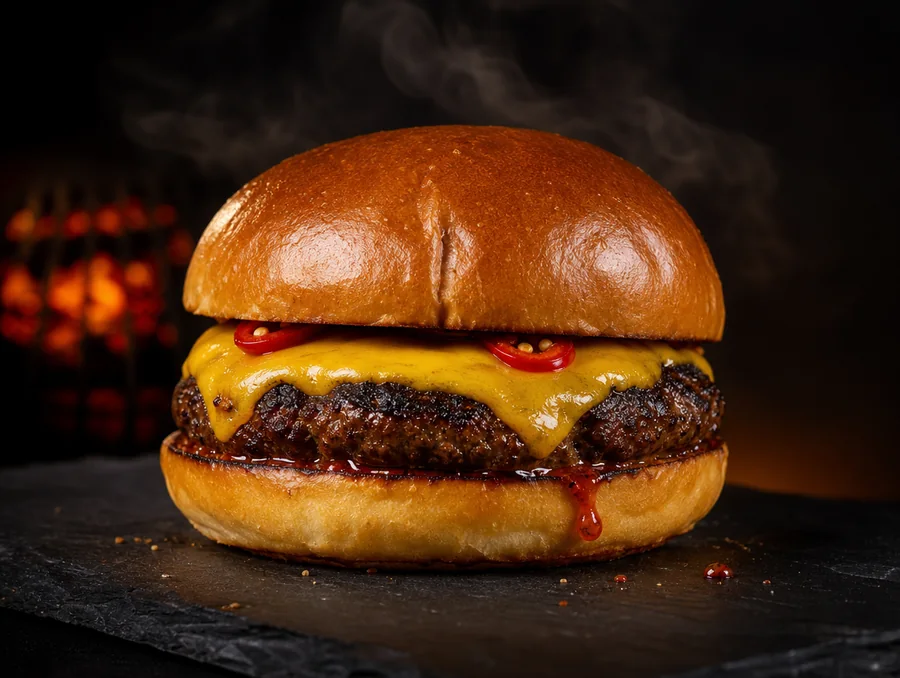 Hamburguesa con salsa de rocoto roja escurriendo por los lados