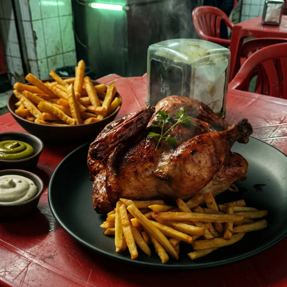 Pollo a la brasa fotografiado con celular en la mesa del local