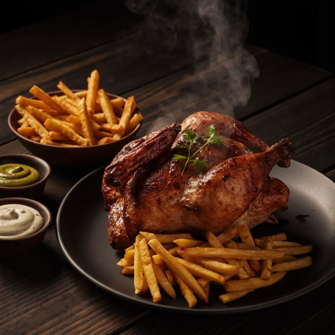 El mismo pollo a la brasa en foto de catálogo, con humo y luz de estudio