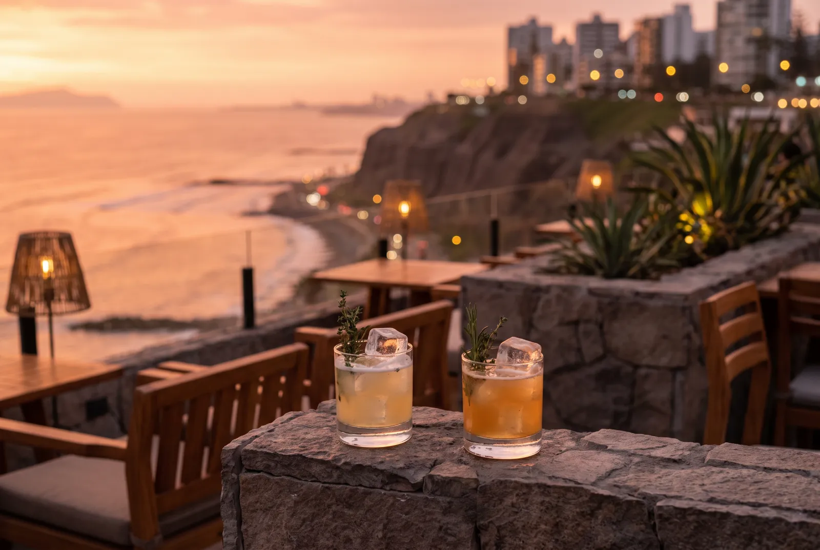 Dos cocteles en la azotea al atardecer, con el mar de fondo