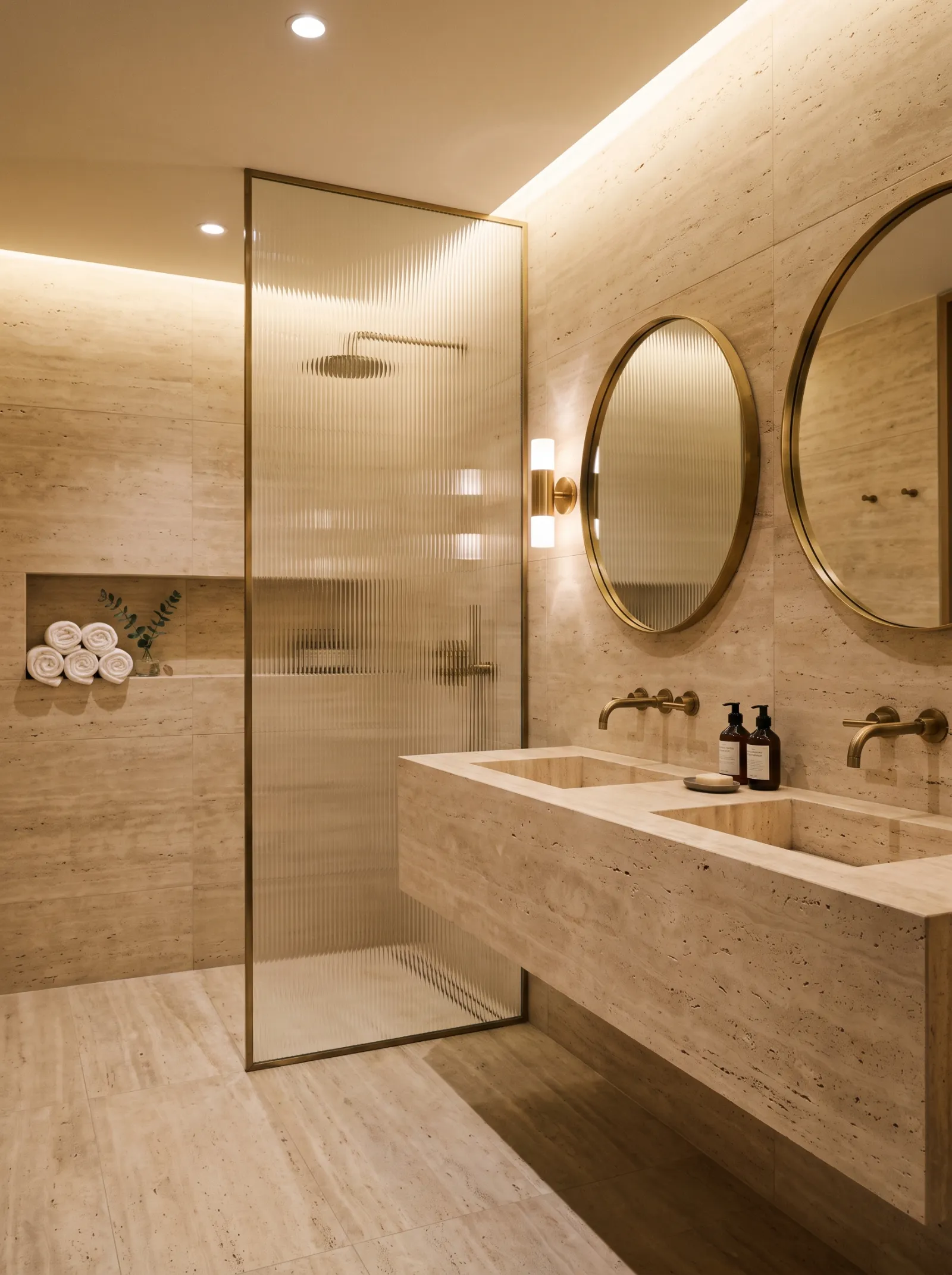 Baño de travertino y latón de la suite Atelier