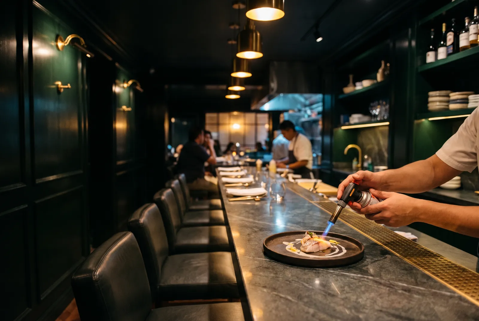 La barra de seis sitios, con el chef terminando un plato nikkei