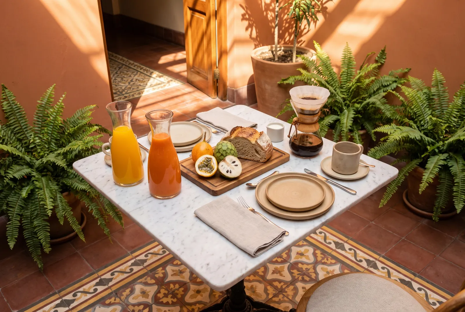 Desayuno de autor servido en el patio: jugos, masa madre y fruta peruana