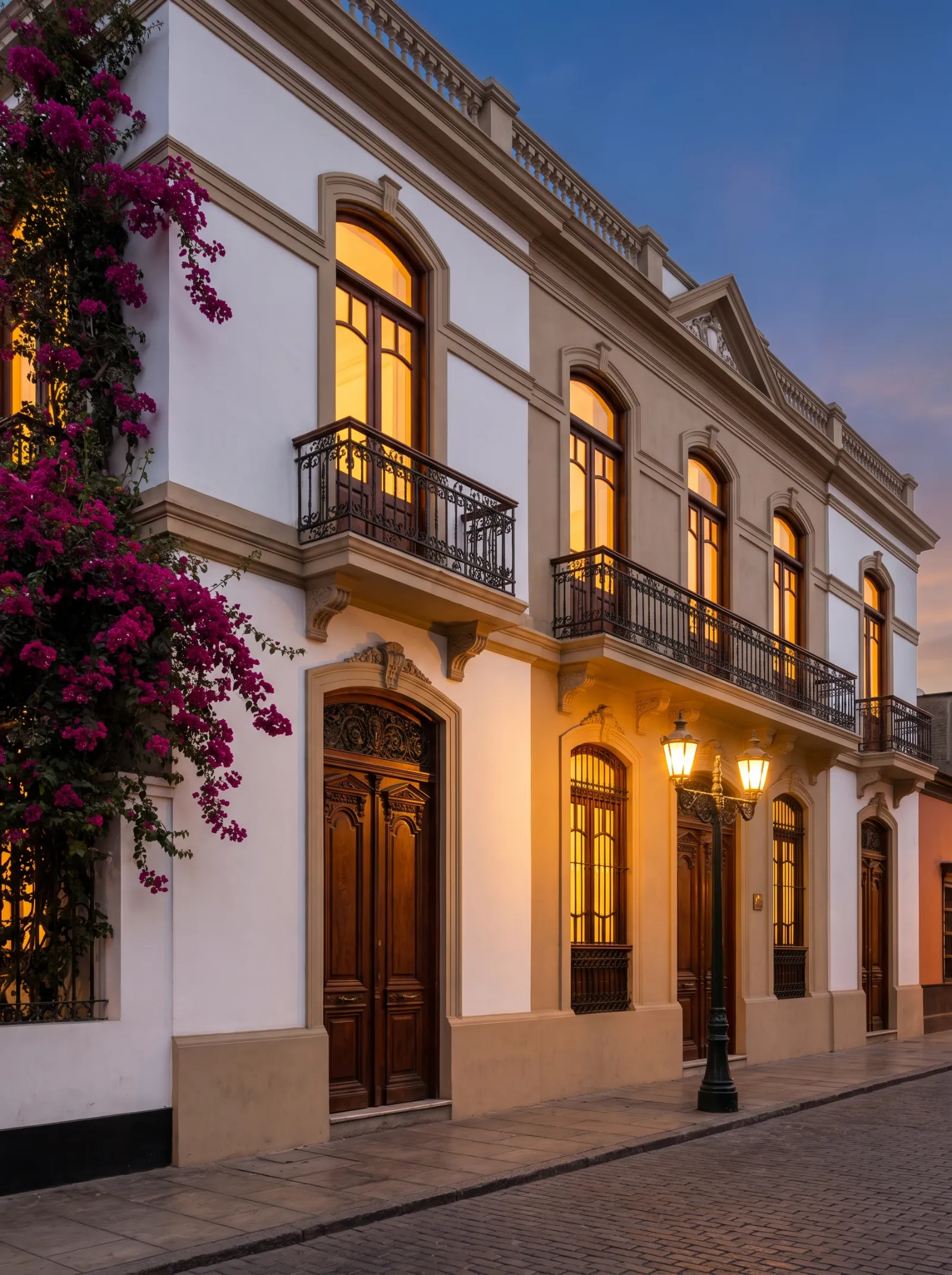 Fachada restaurada de la casona de 1921 al anochecer