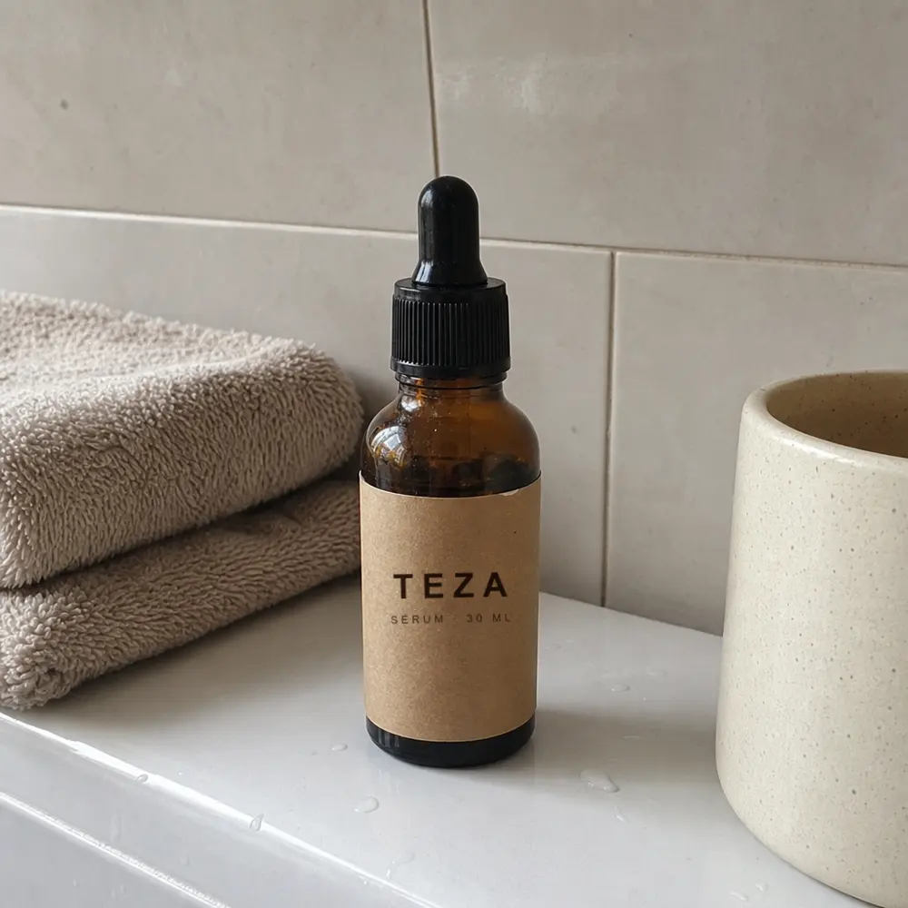 El frasco de sérum TEZA sobre una repisa de baño